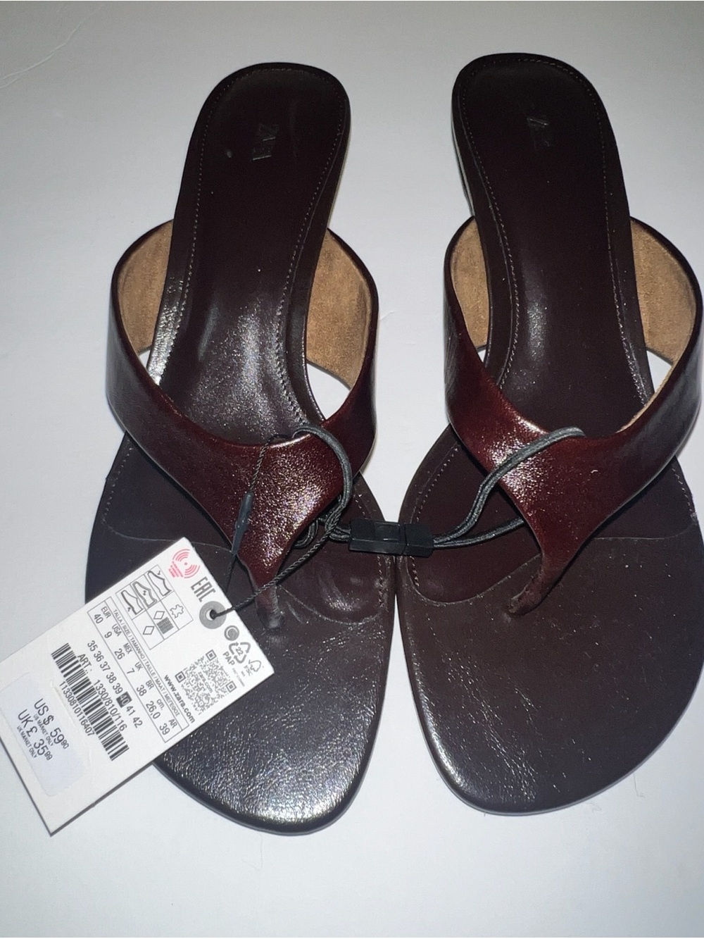 Zara Brown Leather Thong Sandals size 9